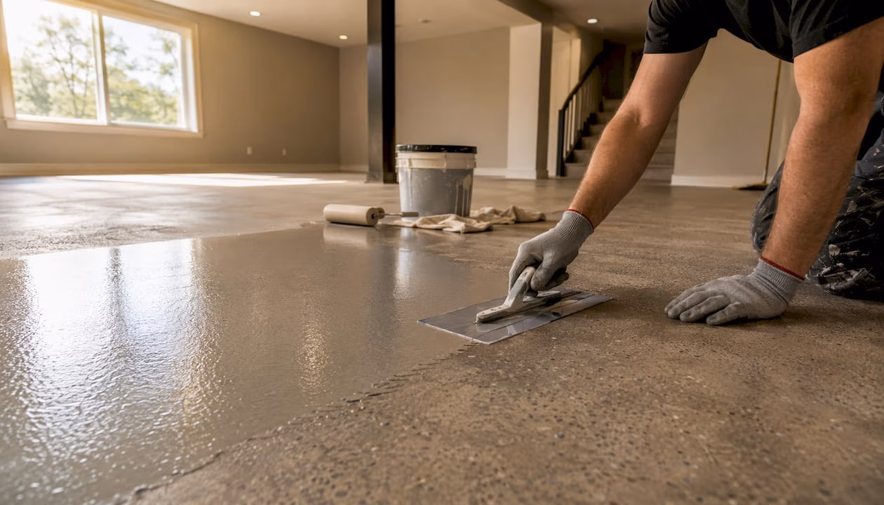 Hands applying protective coating on concrete floor