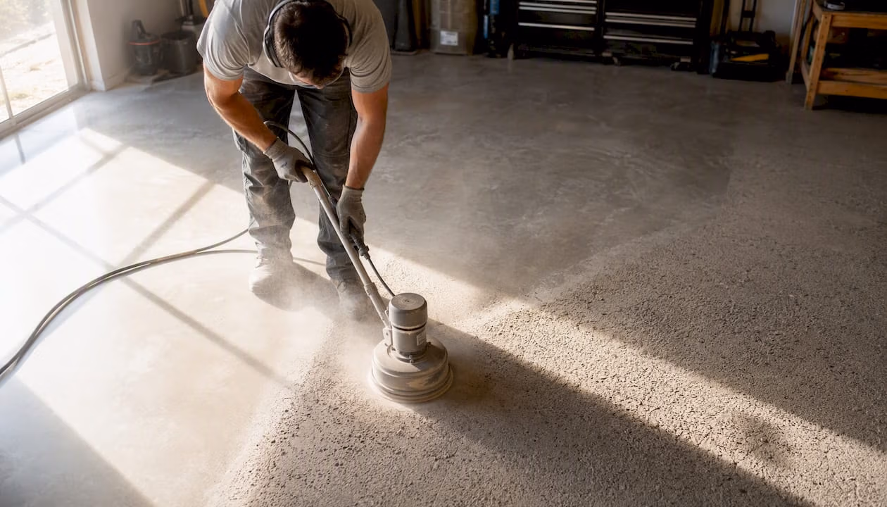 Close-up of diamond grinding on concrete slab