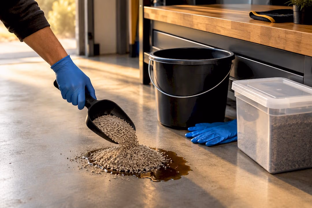 Brake fluid spill response kit beside garage floor