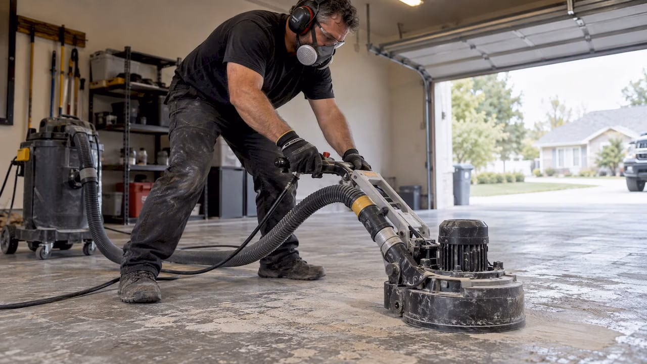Installer grinding garage concrete with PPE