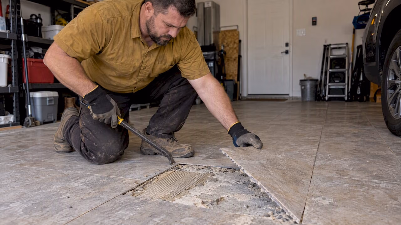 Installer lifting loose tile to expose concrete