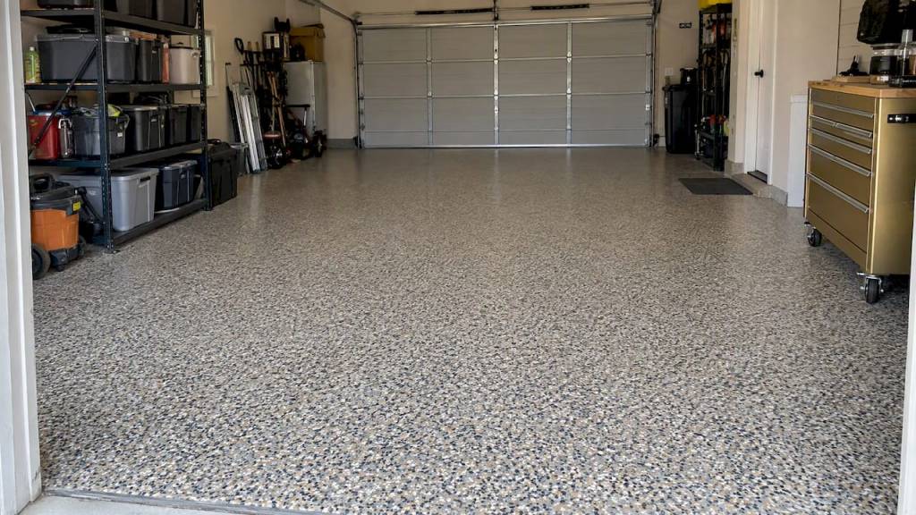 Full-flake coating across a residential garage floor