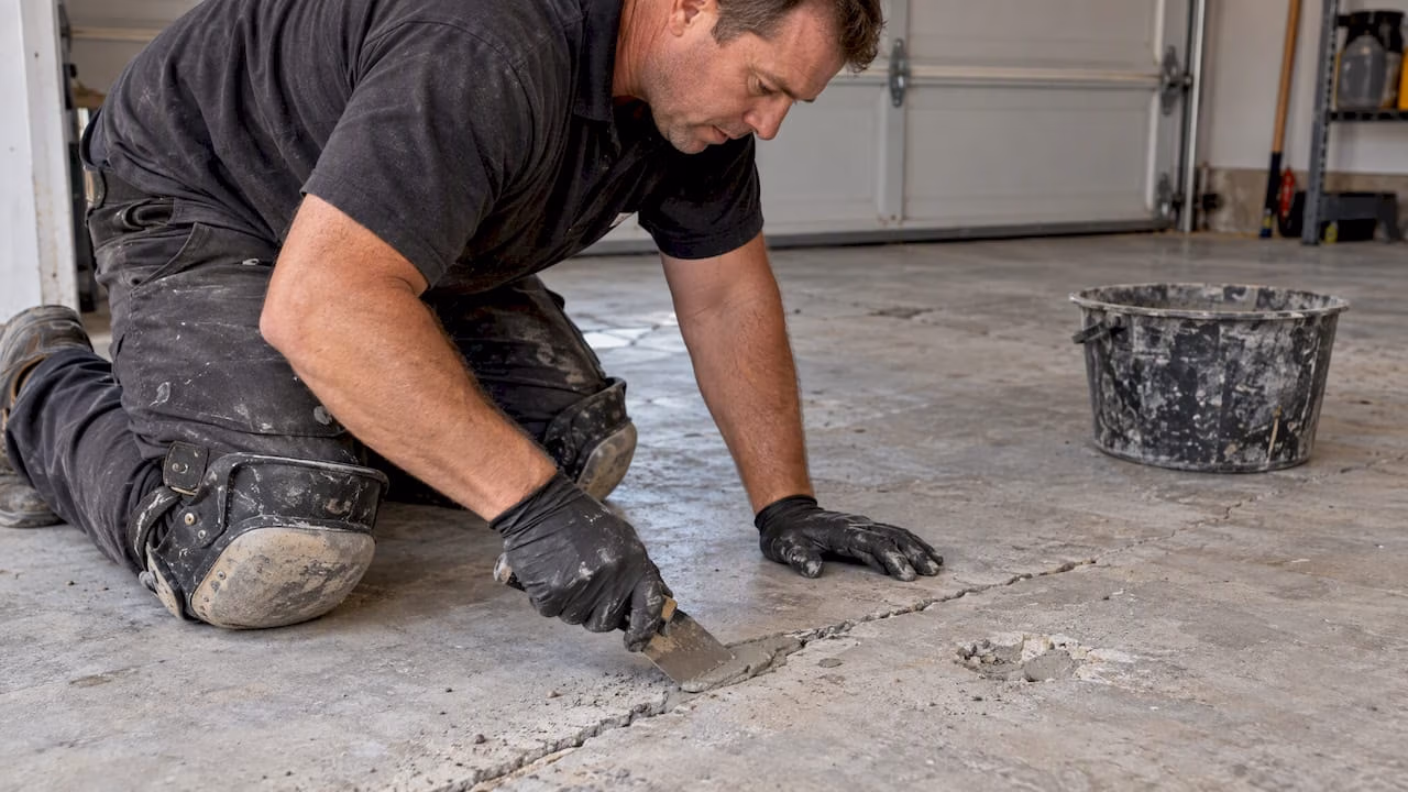 Installer filling a crack in a garage slab