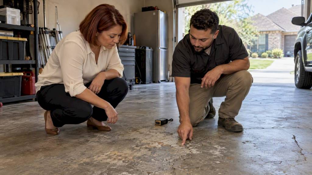 Homeowner and contractor inspect a garage slab