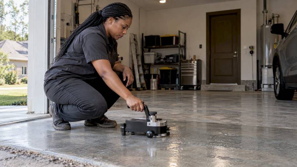Technician testing wet polished concrete