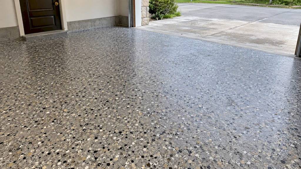 Large decorative flakes across a garage floor